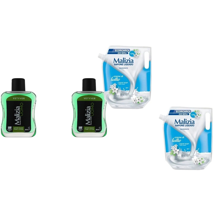 Комплект 4 x Malizia Variety, 2 x After Shave 100 ml Vetyver, 2 x Течен сапун Reserve 1l Milk, Свеж през целия ден, Приятен парфюм, Предотвратява раздразненията, Интензивен свеж аромат, Анти-бели петна, ободряващ, дълготрайна свежест, 48 часа защита