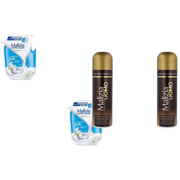 Комплект 4 x Malizia Variety, 2 x резервен течен сапун 1l мляко, 2 x бръсната пяна 300 ml арган, свеж през целия ден, приятен парфюм, предотвратява раздразнения, интензивен свеж аромат, против бели петна, ободряващ, дълготрайна свежест, 48 часа защита