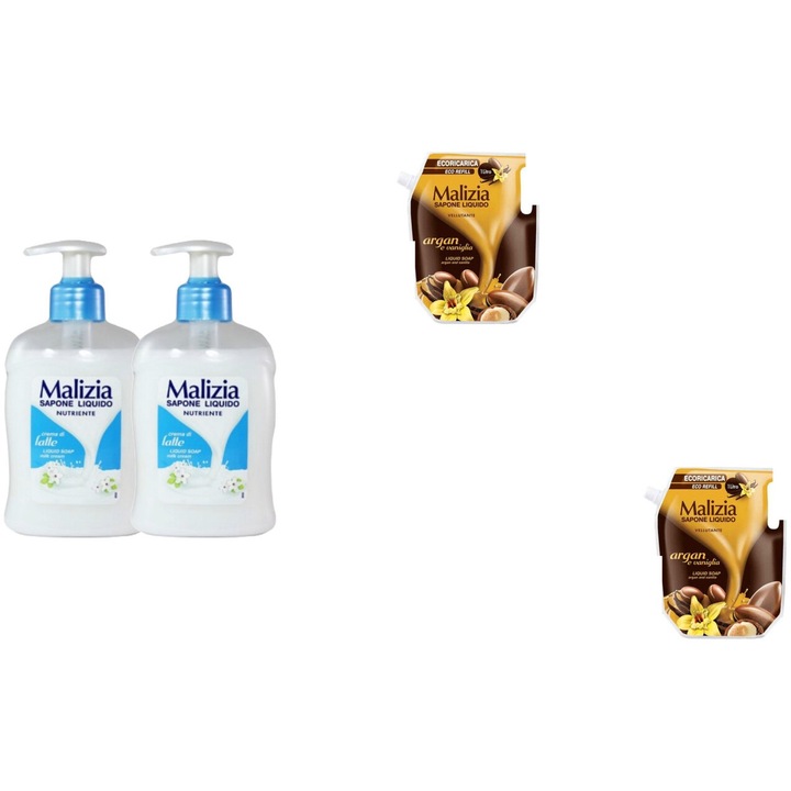Комплект 4 x Malizia Variety, 2 x Течен сапун 300 ml Latte, 2 x Резервен течен сапун 1 l Argan, Свеж през целия ден, Приятен парфюм, Предотвратява раздразненията, Интензивен свеж аромат, Анти-бели петна, ободряващ, дълготрайна свежест, 48 часа защита