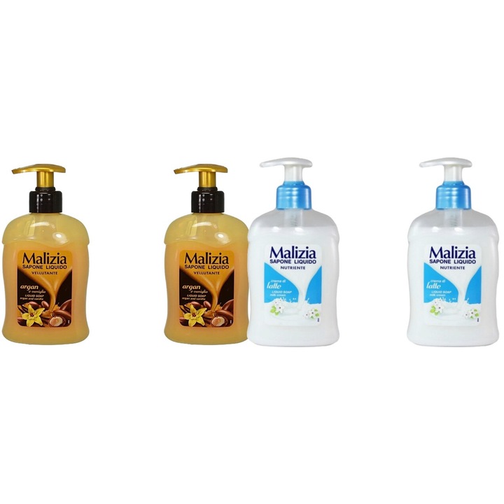 Комплект 4 x Malizia Variety, 2 x течен сапун 300 ml арган и ванилия, 2 x течен сапун 300 ml лате, свеж през целия ден, приятен парфюм, предотвратява раздразнения, интензивен свеж аромат, против бели петна, ободряващ, дълготрайна свежест, 48 часа защита