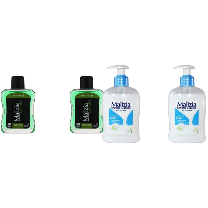 Комплект 4 x Malizia Variety, 2 x След бръснене 100 ml Vetyver, 2 x Течен сапун 300 ml Latte, свеж през целия ден, приятен парфюм, предотвратява раздразнения, интензивен свеж аромат, против бели петна, ободряващ, дълготрайна свежест, 48 часа защита