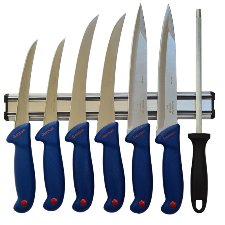 Set cutite profesionale macelarie injunghiat, transat, dezosat si degresat coshop®, masat pentru ascutit, otel inoxidabil, magnet, albastru, 8 piese