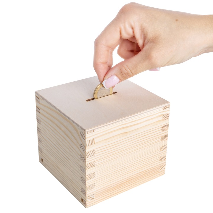 Cutie de bani din lemn, Creative Deco, Pusculita care se poate deschide, 9,5 x 9,5 x 9cm, Caseta de economii, Lemn brut de pin