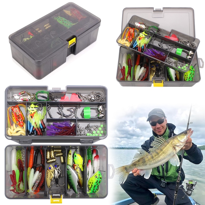 Set 168 accesorii de pescuit, naluci, carlige, greutati, pentru pescuitul la biban, pastrav, stiuca in apa dulce sau sarata, pesti si rame din plastic, carligi si alte piese, include cutie de depozitare, 8.5x4.7x2.6"