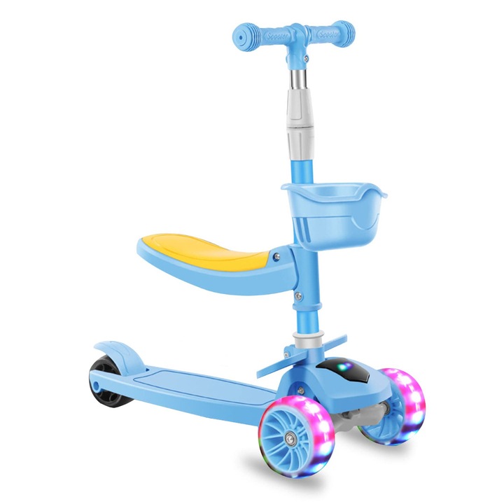 Trotineta pliabila 4 in 1 Mixbo, 3 roti, cu scaun, cosulet si luminite, reglabila, 3 ani +, albastru