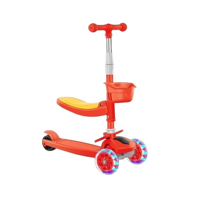 Trotineta pliabila 4 in 1 Mixbo, 3 roti, cu scaun, cosulet si luminite, reglabila, 3 ani +, rosu