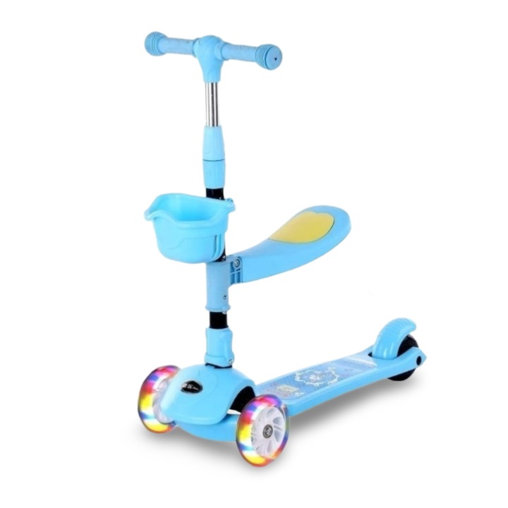 Trotineta pliabila 4 in 1 Mixbo, 3 roti, cu scaun, cosulet si luminite, ghidon reglabil, 3 ani +, albastru