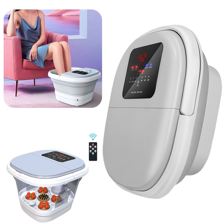 Масажор за крака JFYU, Сгъваем, Хидромасажен, Релаксиращ, Масажен апарат, Автоматично нагряване, Вибрации и въздушни мехурчета, Отпуска и стимулира периферното кръвообращение на краката, 16 масажни топки, 4 режима на масаж, Дистанционно управление, Бял