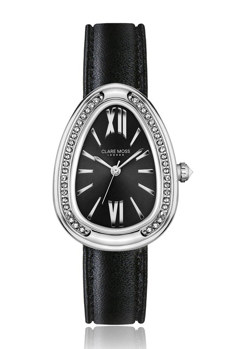 Clare Moss, Bőrszíjas rozsdamentes acél karóra kristályokkal, Ezüstszín, Fekete