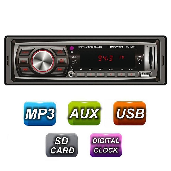 Радио MP3 плейър за кола 1DIN, FM, USB, LED, часовник, MicroSD карта