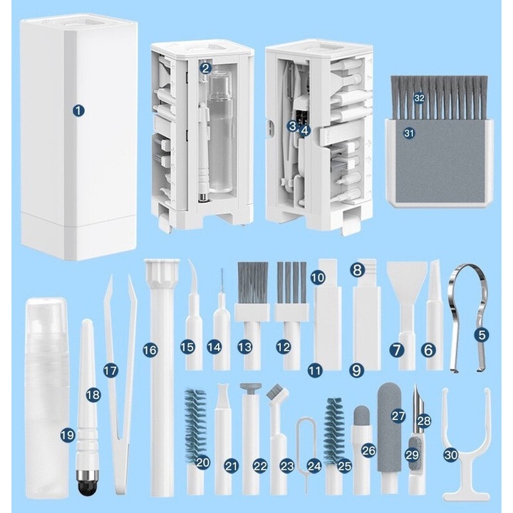 Kit de curatare pentru tastatura 32 in 1, unelte de curatare pentru laptop, telefon, tableta, camera, alb