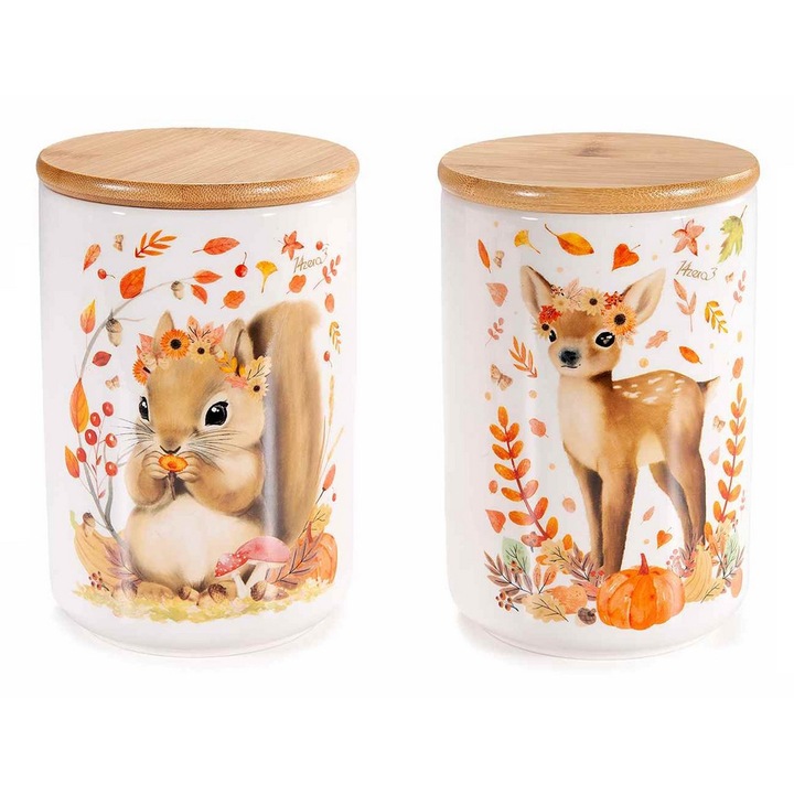 Комплект 2 керамични буркана бели, бамбук натурален 10x15.5 см