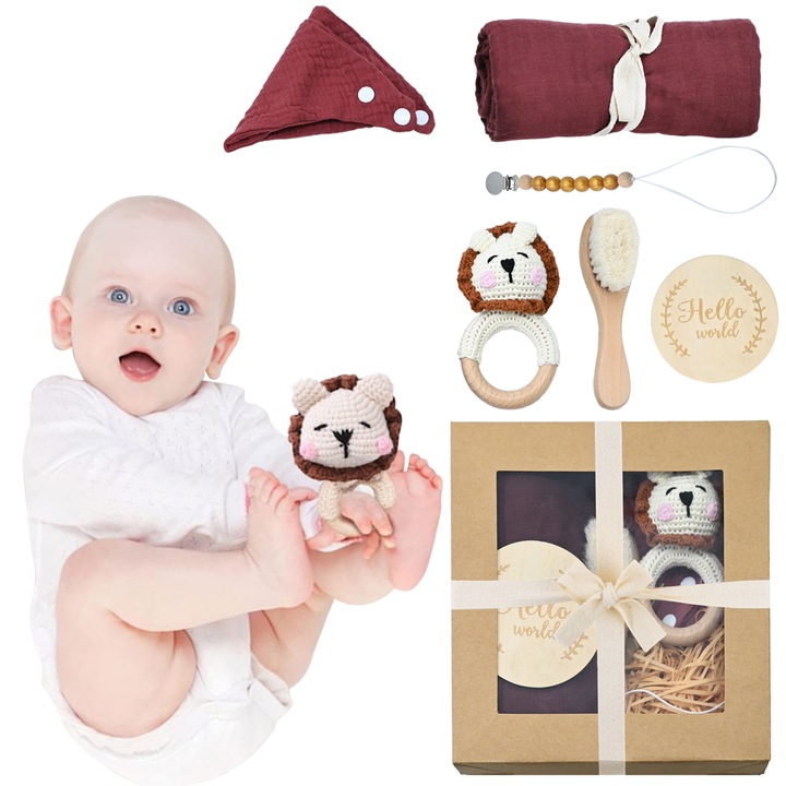 Set nou nascuti, bebelusi, fata, baiat, maternitate, baby shower, 7 piese, jucarie, bavetica, prosop, lant suzeta, perie, tablita bun venit