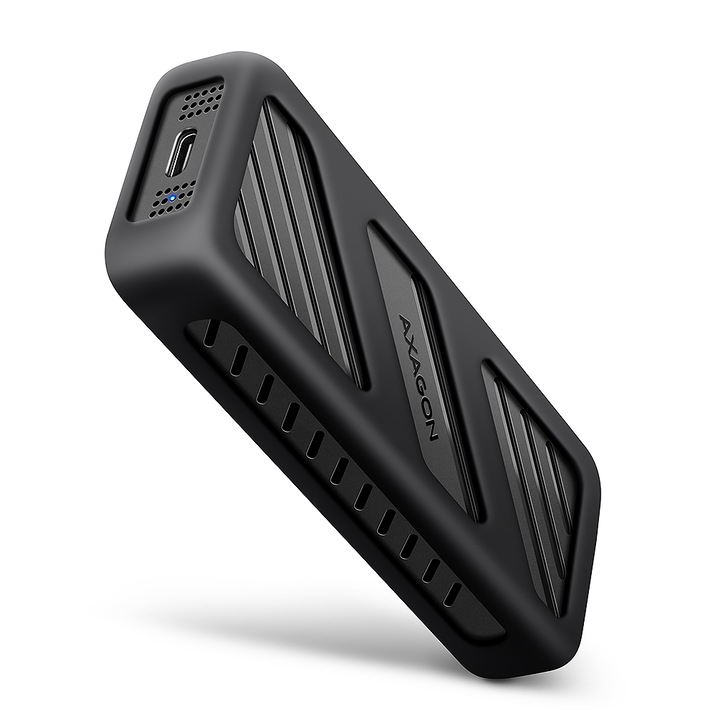 Axagon (EEM2-20G) külső USB-C 20Gbps ház M.2 NVMe & SATA SSD-khez, M.2 2230, M.2 2242, M.2 2260, M.2 2280 támogatás, feketefémtok, szilikon gyűrűvel