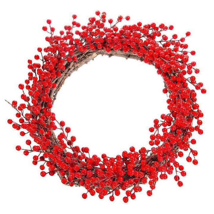 Coronita lemn maro merisoare rosii 47 cm