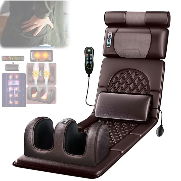 Пълен матрак за масаж шиацу, масажор за крака, с вибрации, отопление, лимфен дренаж, за болки в гърба, врата, гръбначния стълб, 15 функции, 6 режима, дистанционно управление, отопляема възглавница, екокожа, кафяв