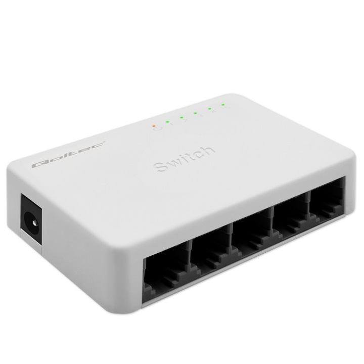 Switch, Qoltec, 52245, 5 x port RJ45, 100Mbps, Fast Ethernet, LAN, Gri/Negru