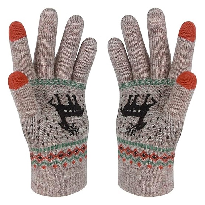 Ръкавици за зима, OPTIM SOLUTION, тактилни, за жени, топли зимни ръкавици, цял ден OptimForm, функция сензорен екран (сензорен екран), универсален размер, дизайн на елени, зимни модели, плетен акрилен материал, еластичен маншет, кадифена вътрешност, каки