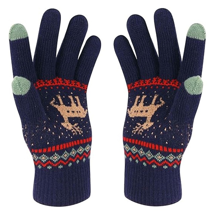 Ръкавици за зима, OPTIM SOLUTION, тактилни, за жени, топли зимни ръкавици, цял ден OptimForm, функция сензорен екран (сензорен екран), универсален размер, дизайн на елени, зимни модели, плетен акрилен материал, еластичен маншет, кадифена вътрешност, син