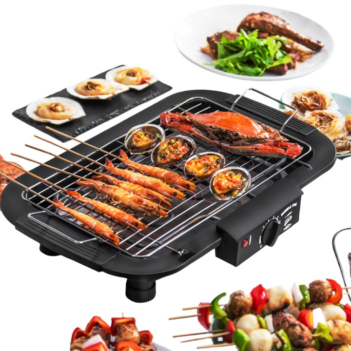Gratar electric fara fum, 2000W, termostat cu 5 Trepte, grill detasabil, Inaltime reglabila, suprafata antiaderenta, portabil, 50.6x35.6x15.2cm, pentru interior/exterior, negru