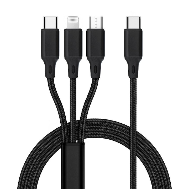 3in1 kábel - USB - Lightning / Type-C (USB-C) / MicroUSB fekete szövet kábel 2,4A, 1,2 m