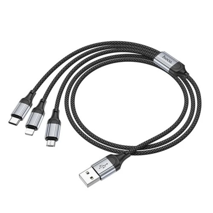 Hoco 3 az 1-ben adat- és töltőkábel, USB-A - Lightning / MicroUSB / USB-C, 2.4A, fonott, hajlításgátló, 1 m, fekete, kompatibilis a következőkkel: iPhone, Samsung, Google Pixel, Xiaomi, iPad Air, iPad Pro, MacBook, Dell, Nintendo Switch