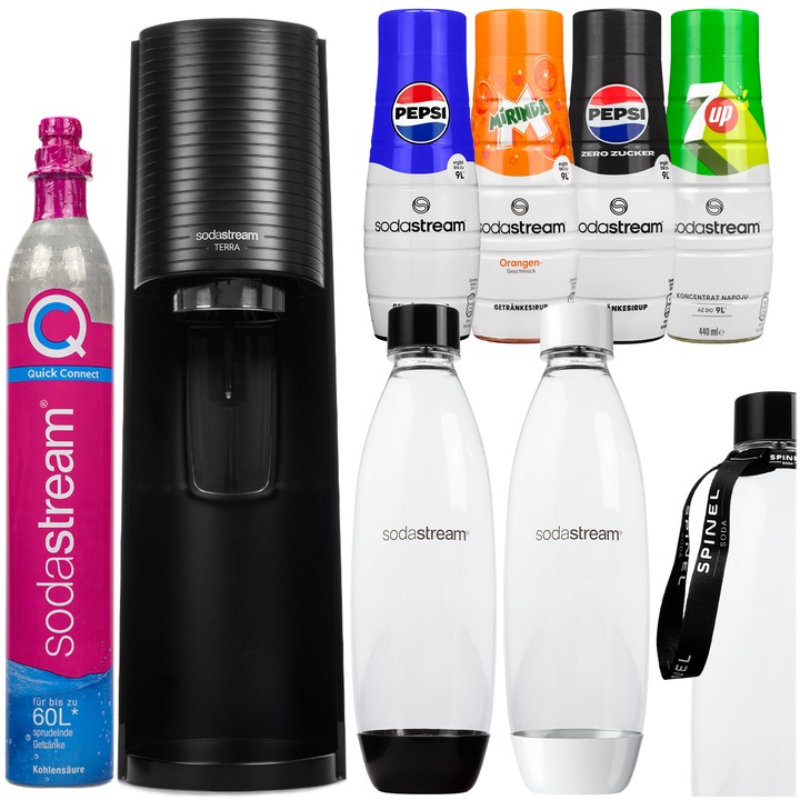Szódagép szett SodaStream Terra Black, 2 palack, 1 l, fekete/fehér + Sodastream Szirup Pepsi, Pepsi Max, 7up, Mirinda, 4 db, 440ml + Palack nyaklánc