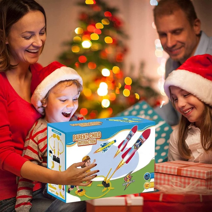 Jucarie pentru Copii, OEM, Lansator de Rachete cu Piciorul, Doua Lansatoare, 6 Rachete Fara Lumini, 45x18 cm, Galben