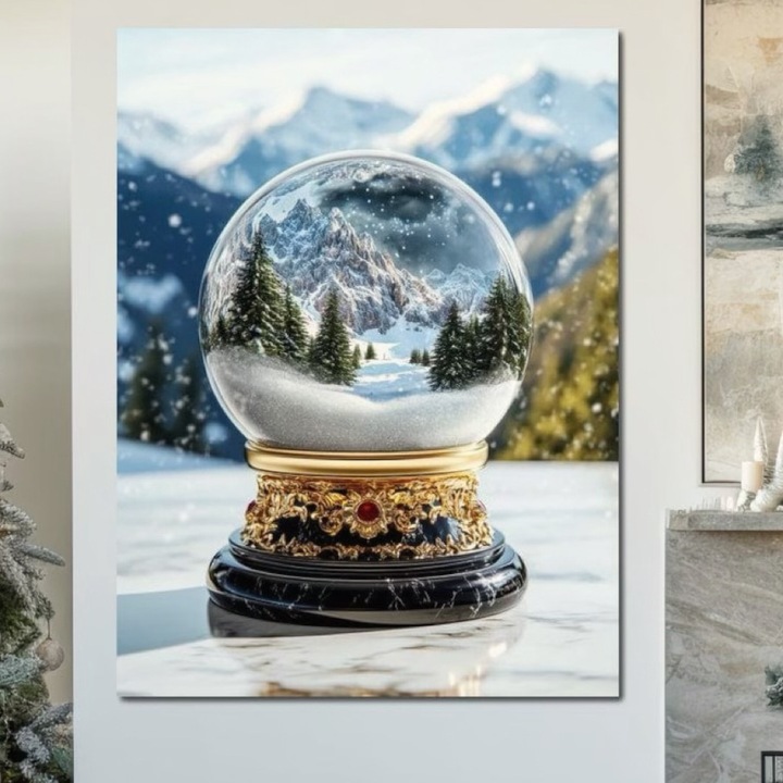 Премиум картина върху платно, LuxCanva® D1040, Алпийски глобус, 100 X 135 CM, 100% памучно платно 400g/m2, дървена рамка, гора, ели, планини, глобус, музикален, омат, хол, ярки цветове