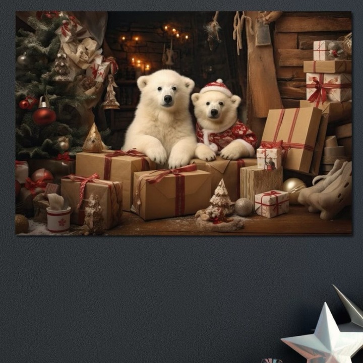 Премиум картина върху платно, LuxCanva® D1037, Коледа с полярни мечки, 100 X 150 СМ, 100% памучно платно 400 г/м2, дървена рамка, мечки, полярни, чакащи, северния полюс, празнични, хол, ярки цветове