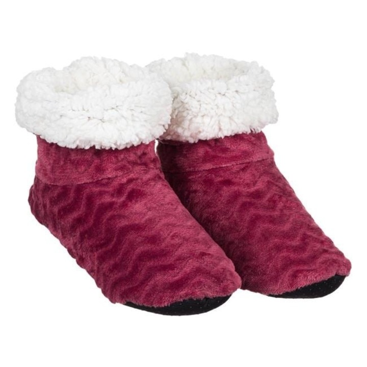 Botosi de casa Antbro® pentru femei, din imitatie de blana bordo, model zigzag si talpa antiderapanta, Bordeaux, 39-40
