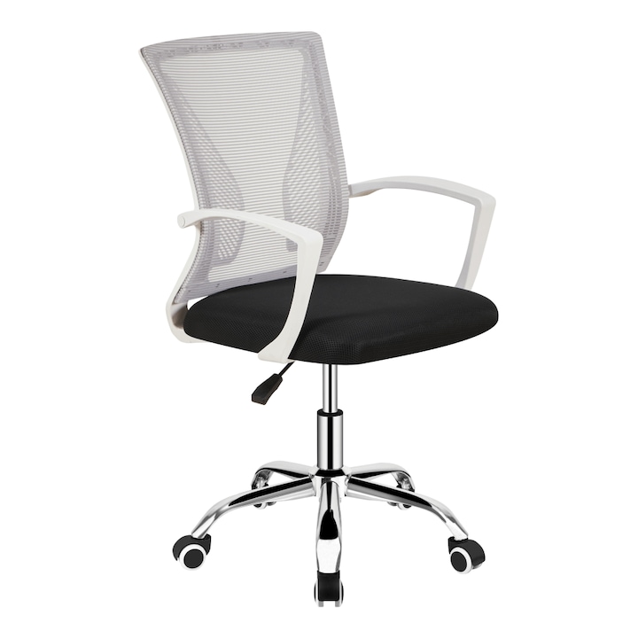 Scaun de birou, culoare gri, negru, alb, crom, spatar ergonomic, rotativ, inaltime reglabila, metal, plastic, plasa, elegant, 57x90-98x57 cm I