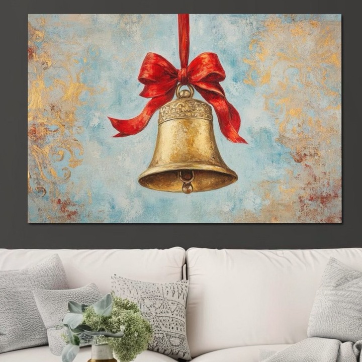 Премиум картина върху платно, LuxCanva® D1039, Музикална камбанка, 100 X 150 СМ, 100% памучно платно 400 г/м2, дървена рамка, Камбанка, Ела, Декорация, Злато, Музика, Коледни песни, Хол, Ярки цветове
