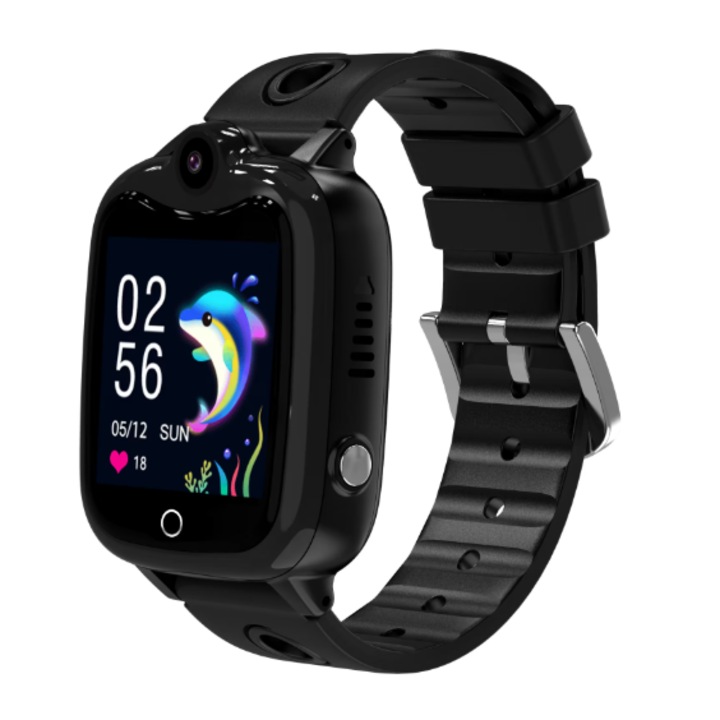 Ceas Smartwatch Kesasohe pentru copii, GPS si telefon, Apel video HD, Nano SIM, SOS, Rezistent la apa IP68, 7 jocuri, Camera, Alarma, Cronometru, Calculator, Mod Silentios, culoare Negru