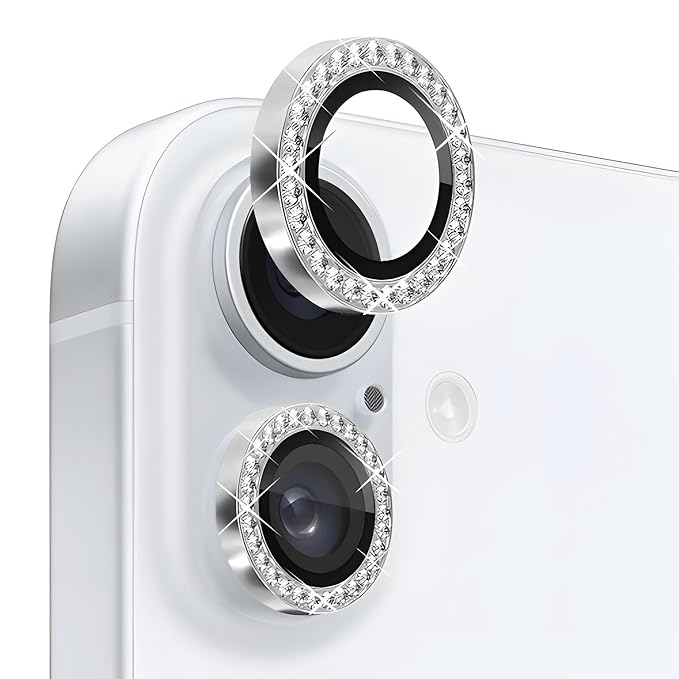 Folie Camera cu Strasuri, Individuala, Compatibila iPhone 16 Plus, Sticla, Argintiu