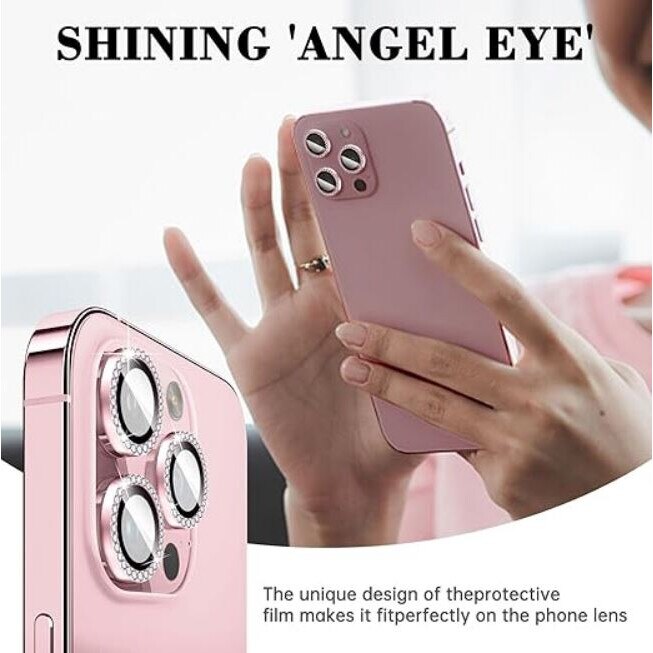 Folie camera cu Strasuri, Individuala, Compatibila iPhone 16 Pro, Sticla, Roz