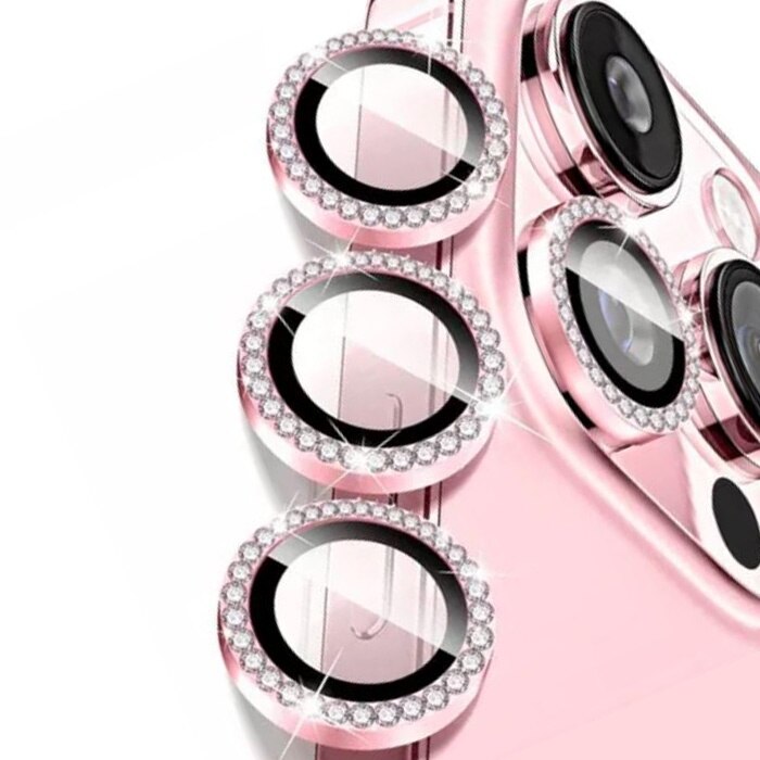 Folie camera cu Strasuri, Individuala, Compatibila iPhone 16 Pro, Sticla, Roz