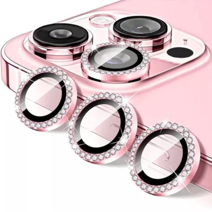 Folie camera cu Strasuri, Individuala, Compatibila iPhone 16 Pro, Sticla, Roz
