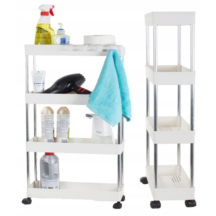 Raft de baie, BK, dulap de bucatarie, pe roti, biblioteca, 4 niveluri cu carlige, alb mat