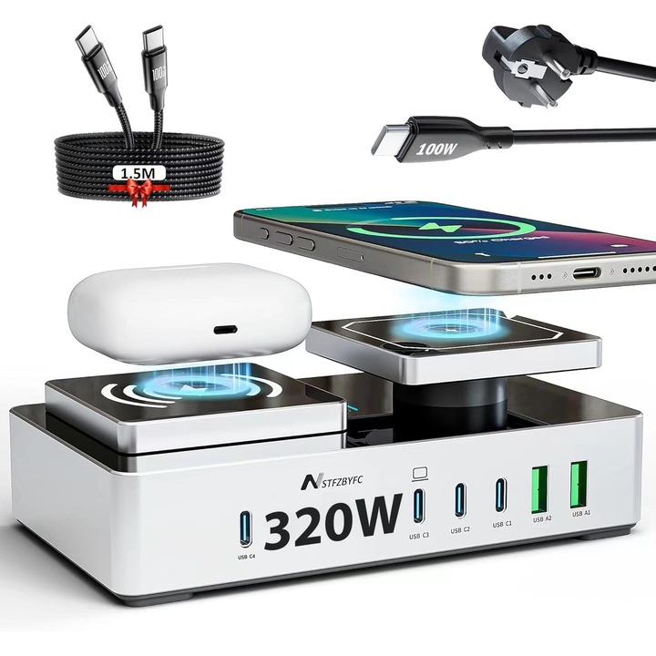 Statie de incarcare 320 W, 8 in 1, cu 2 zone incarcare wireless, 4 porturi USB-C, 2 porturi USB-A, pentru MacBook/Air iPad iPhone 16/15/14/Android/Airpod-uri