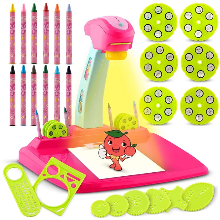 Проектор за рисуване Ricokids, розов, 36 изображения, комплект от 12 молива, 37,5x37,5x36 см