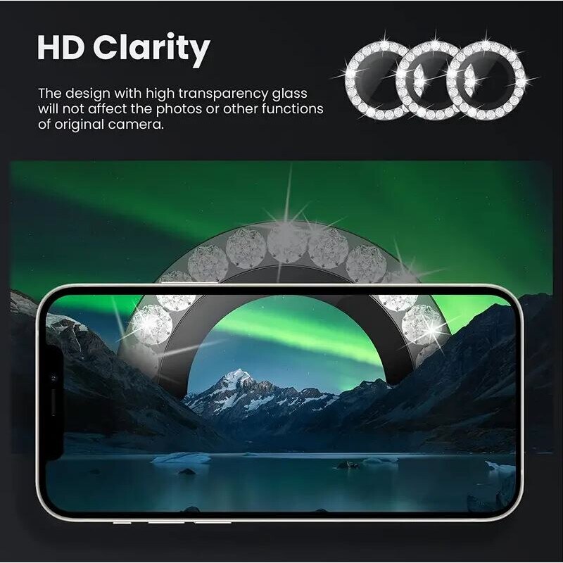 Folie Camera cu Strasuri, Individuala, Compatibila iPhone 16, Sticla, Negru