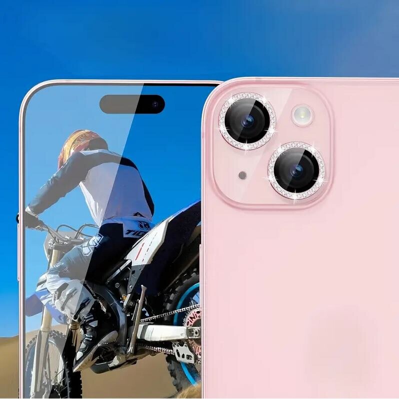 Folie camera cu Strasuri, Individuala, Compatibila iPhone 16 Plus, Sticla, Roz