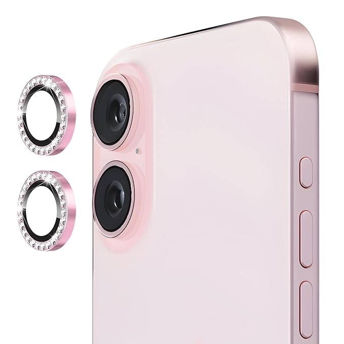 Folie camera cu Strasuri, Individuala, Compatibila iPhone 16 Plus, Sticla, Roz