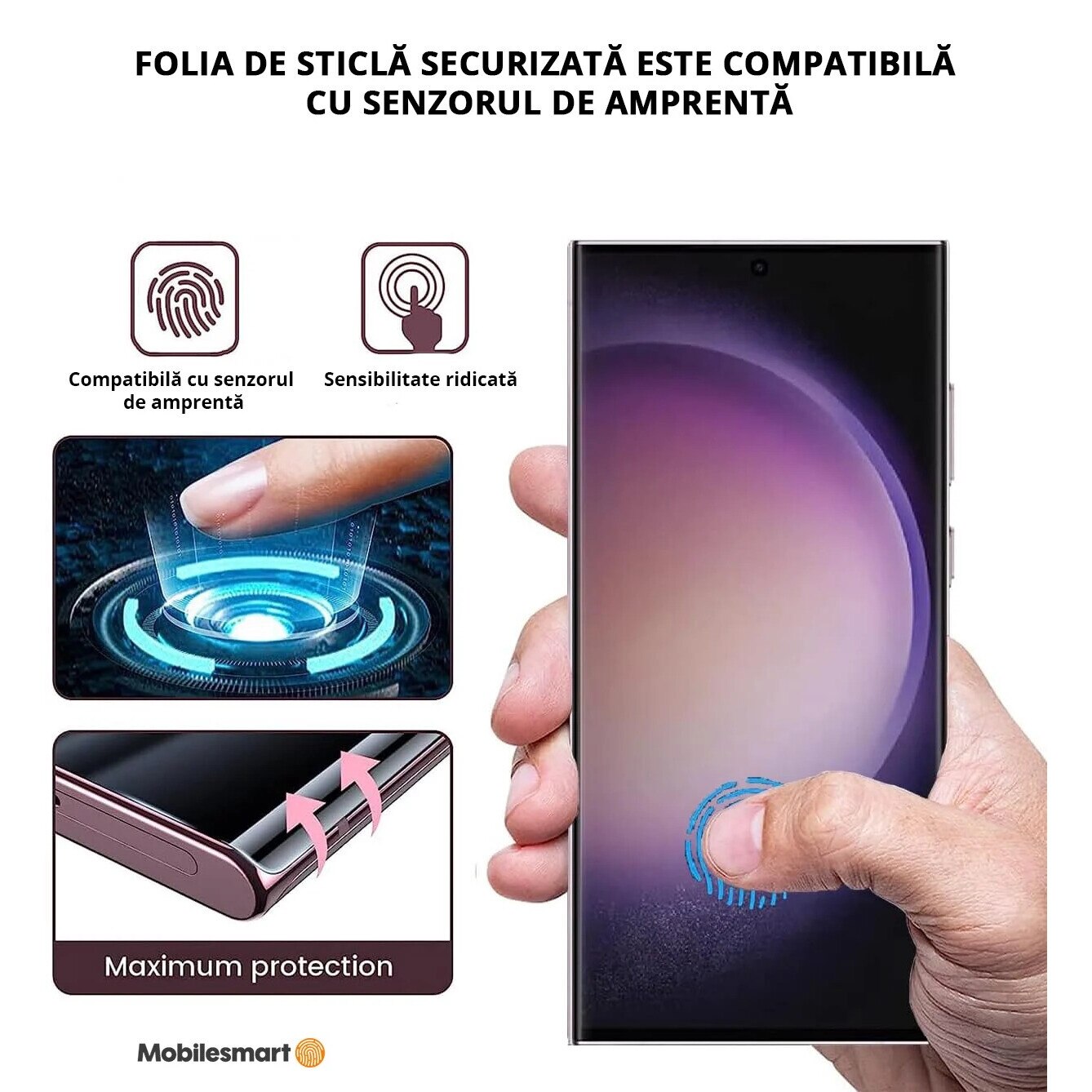 Folie sticla Mobilesmart pentru Samsung Galaxy S23 ULTRA, Compatibila cu senzorul de amprenta, Anti Soc, Full Glue