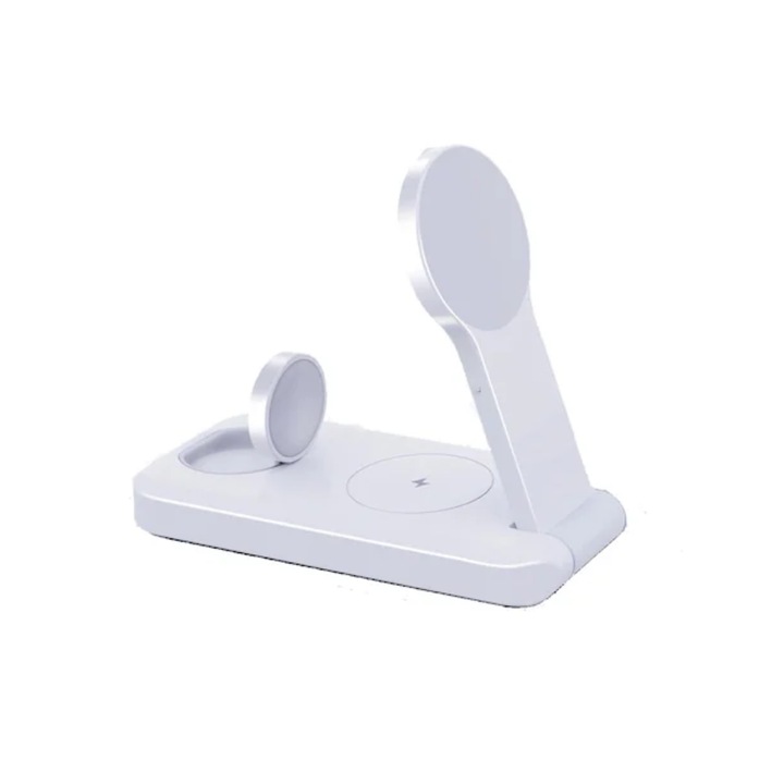 Incarcator 3 in 1, Wireless, compatibil Iphone, Apple Watch si AirPods, statie de incarcare rapida cu adptor inclus, design pliabil, Alb