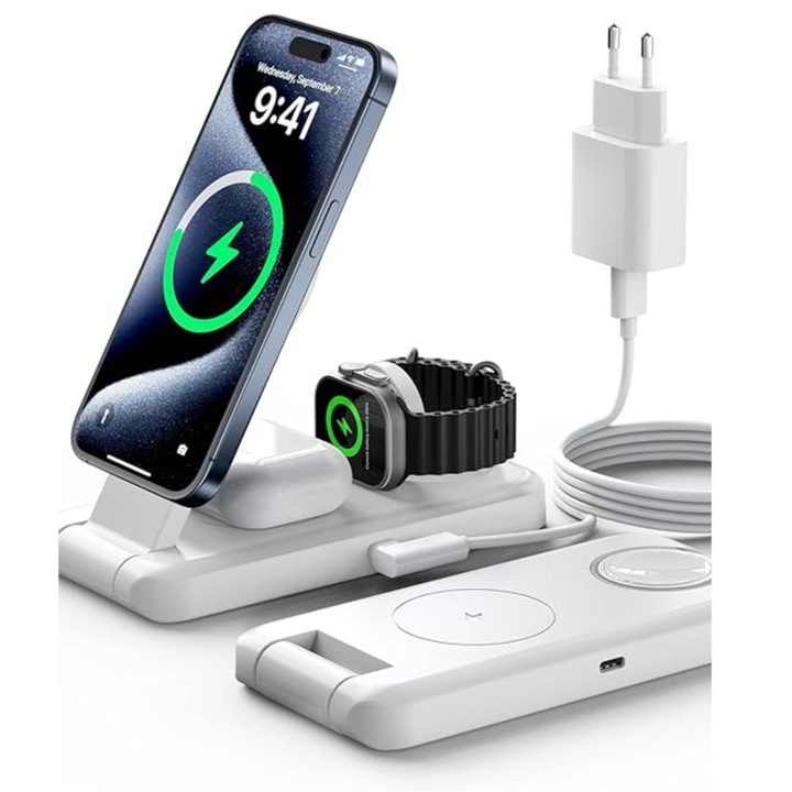 Incarcator 3 in 1, Wireless, compatibil Iphone, Apple Watch si AirPods, statie de incarcare rapida cu adptor inclus, design pliabil, Alb