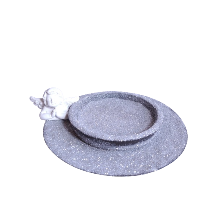 Fém gyertyatartó ezüst és angyalcsillámmal (a gyertya nem tartozék)