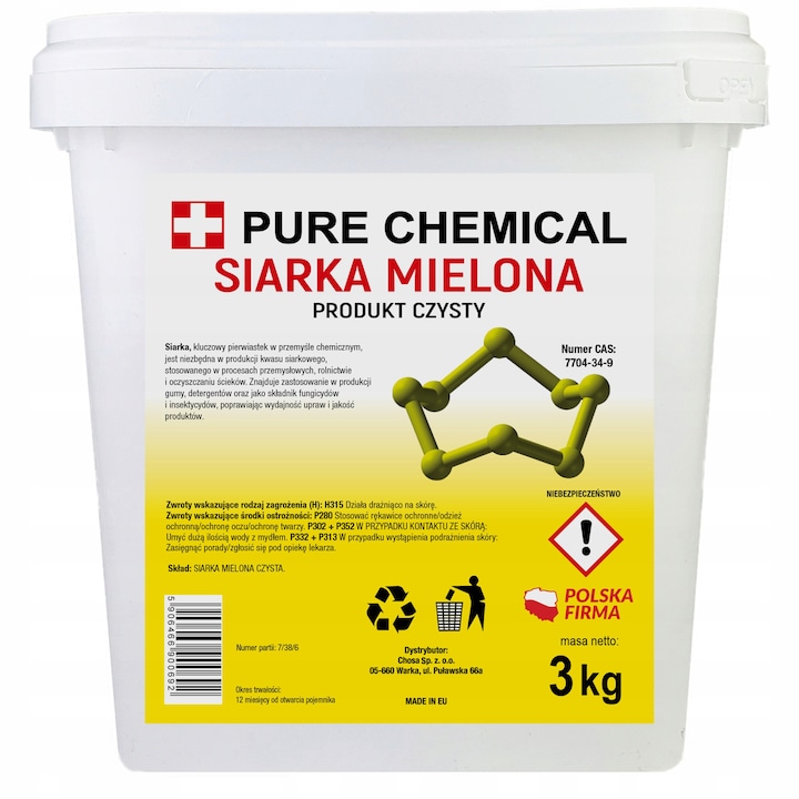 Sulf Macinat Fin Puritate 99.5%, Chosa, 3 kg, Pulbere Galbena Fara Miros Distinct, Protectia Plantelor In Horticultura, Combaterea Daunatorilor Si Ciupercilor, Utilizare In Procese Industriale, Reactiv Chimic Pur