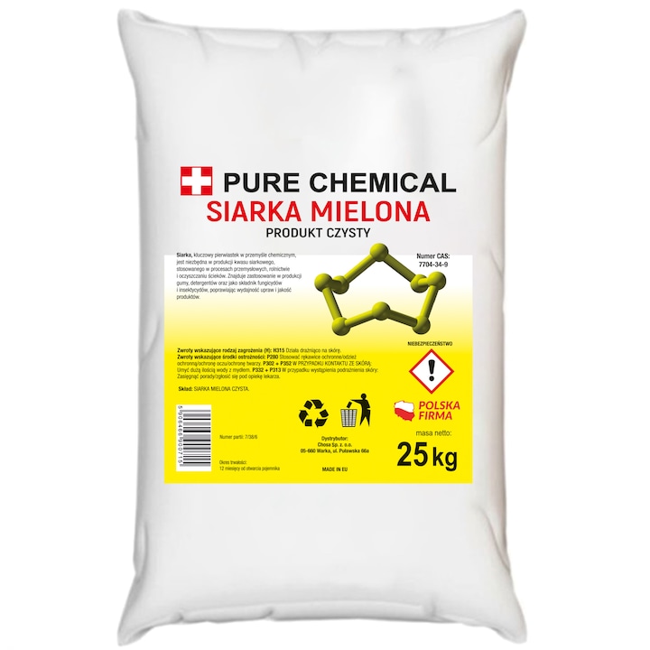 Sulf De Sulf, Pure Chemical, Puritate Min. 99.5%, Fin Macinat, Inodor In Stare Pura, Fara Miros Distinct, Tip Pulbere, Praf, Galben, 25 kg